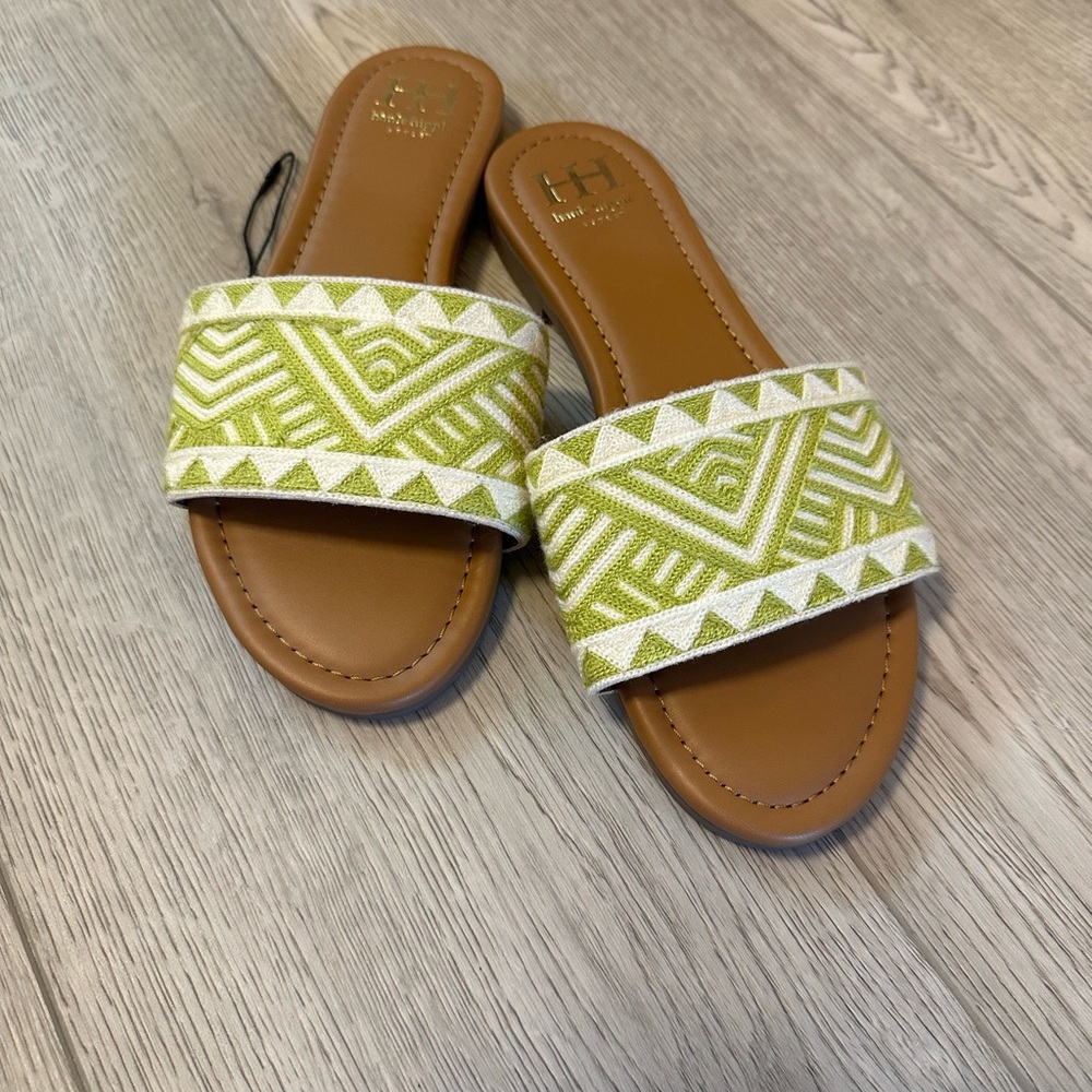 Haute Hippie Green and White Embroidered Slide Sandals